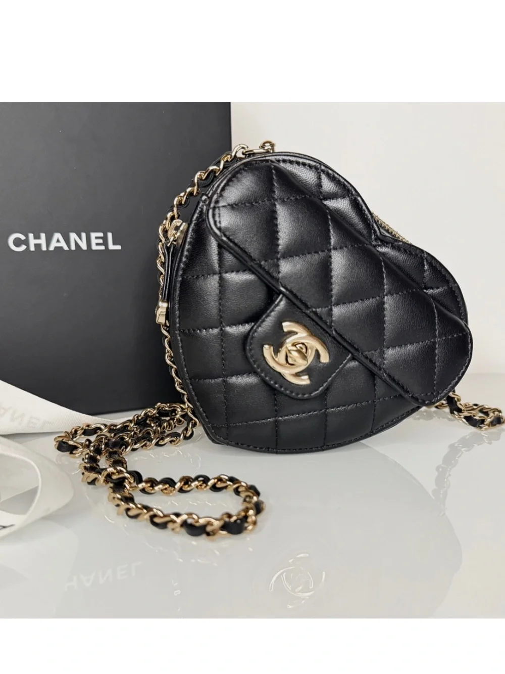 CHANEL Black Quilted Heart-Shaped Crossbody with Gold Hardware